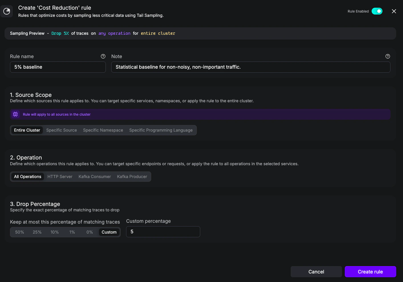 UI screenshot of a Cost Reduction rule that caps cluster-wide retention at 5%.