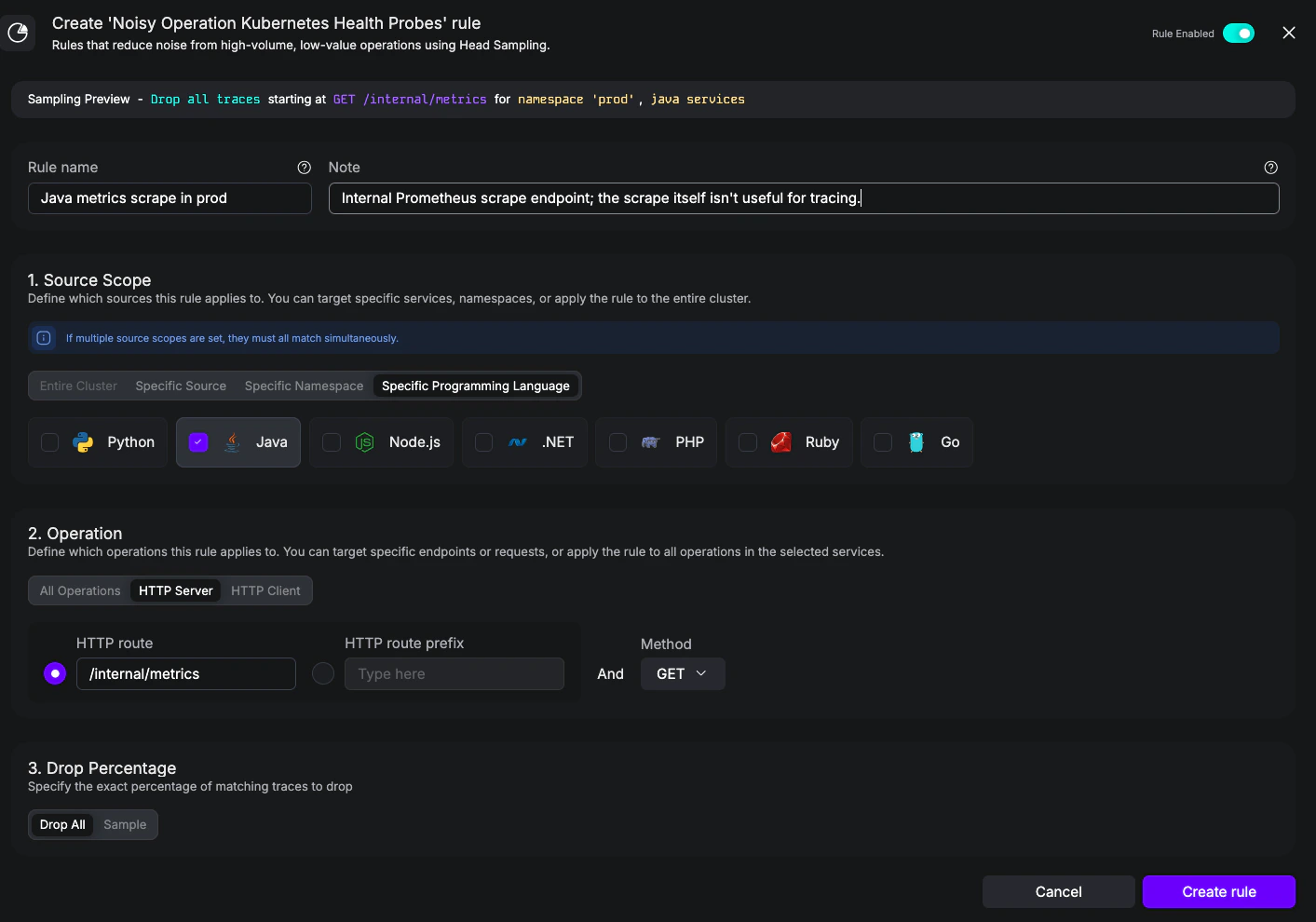 UI screenshot of a Noisy rule scoped with namespace prod AND language Java.