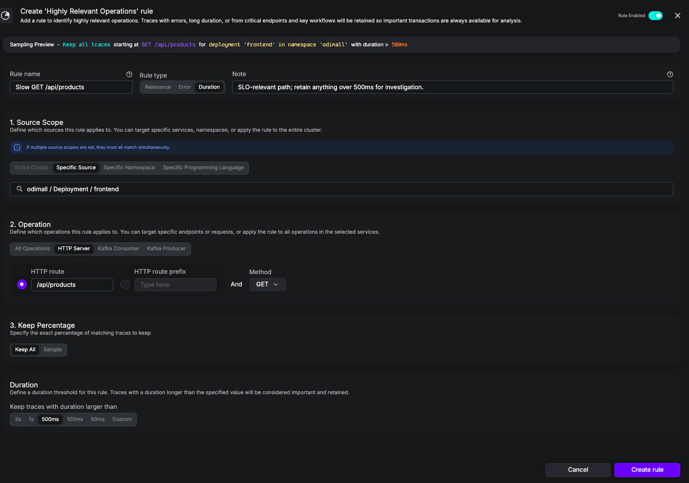 UI screenshot of a Highly Relevant rule that keeps 100% of slow GET /api/products traces, scoped to the frontend Deployment in the odimall namespace.