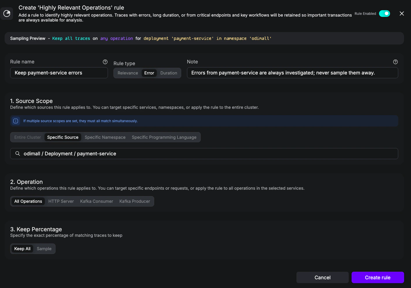 UI screenshot of a Highly Relevant rule with Rule Type Error scoped to payment-service, Keep at least 100%.
