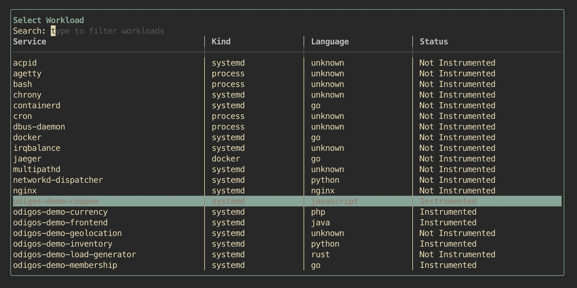 Sources panel in odictl showing the demo services instrumented