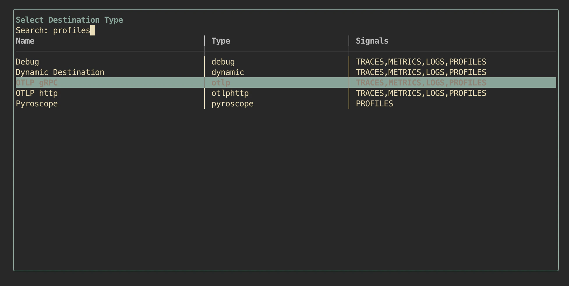 odictl destination type selector filtered by profiles
