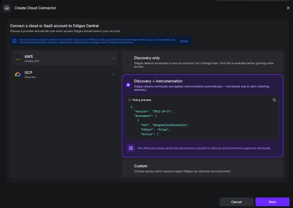 Create Cloud Connector dialog with AWS selected and the Discovery + instrumentation access level showing an IAM policy preview