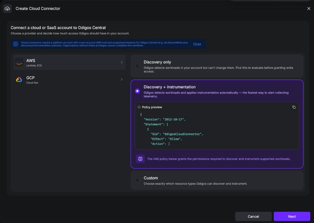 Create Cloud Connector dialog with AWS selected and the Discovery + instrumentation access level showing an IAM policy preview