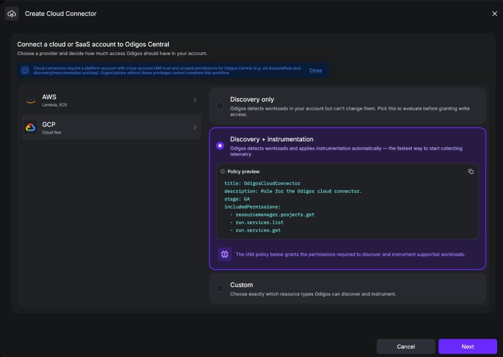 Create Cloud Connector dialog with GCP selected and the Discovery + instrumentation access level showing a custom role policy preview