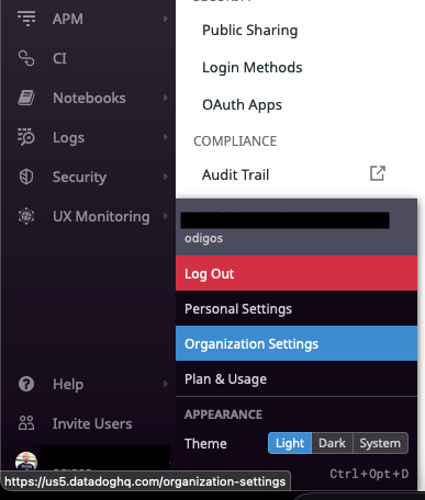 Organization settings menu