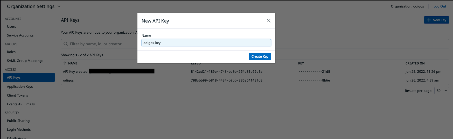 New API key screen