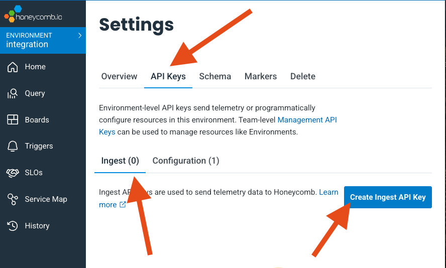 API Keys settings page in Honeycomb