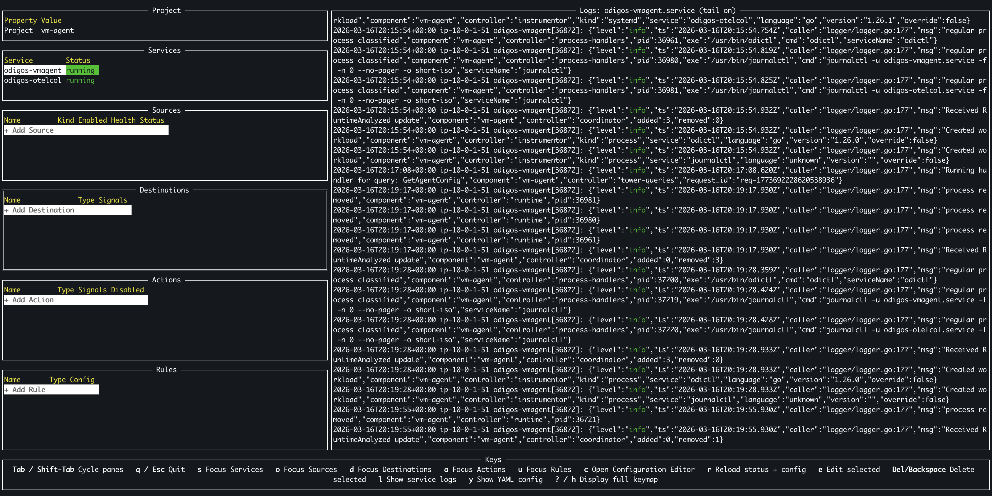 Select Destination section of the odictl interface
