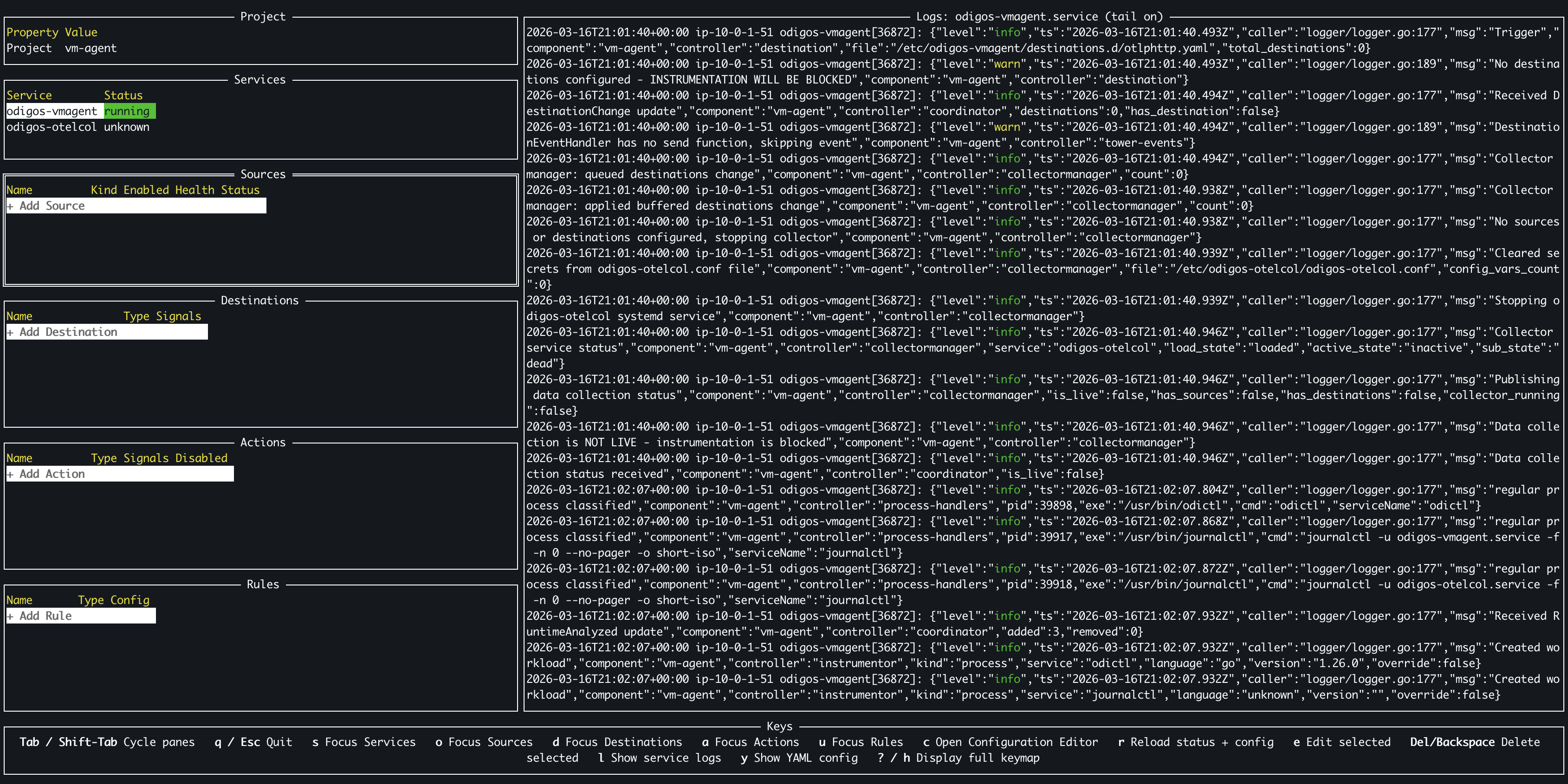 Select Sources pane of the odictl interface