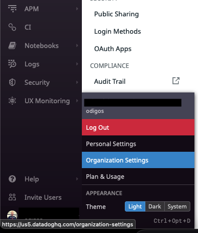 Organization settings menu
