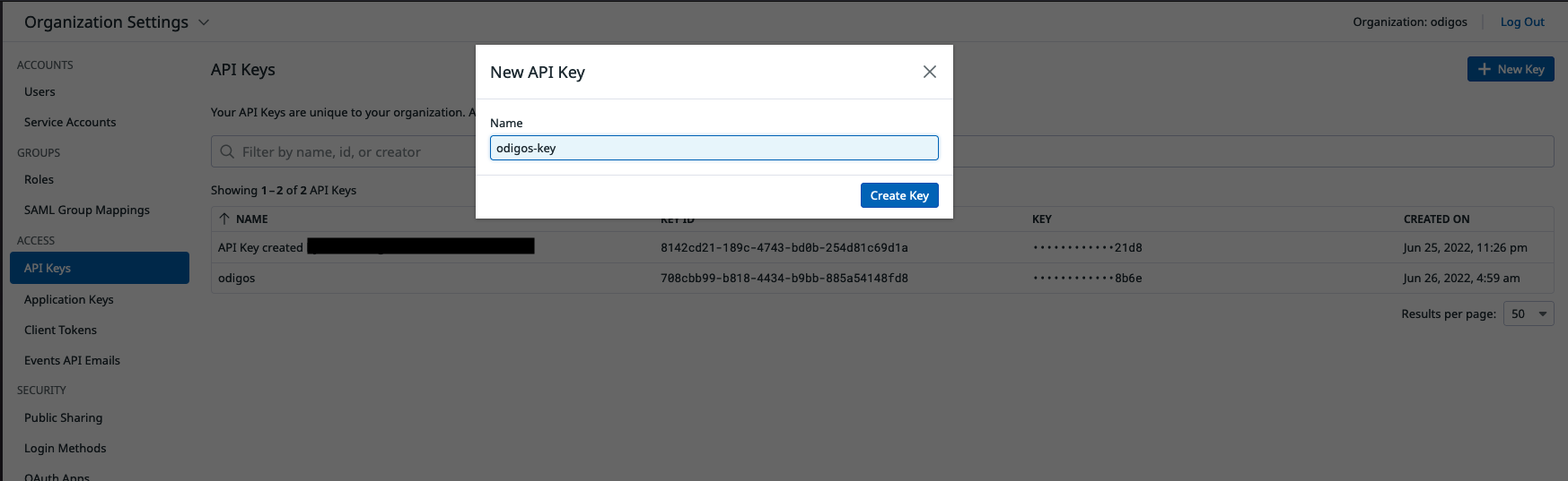 New API key screen