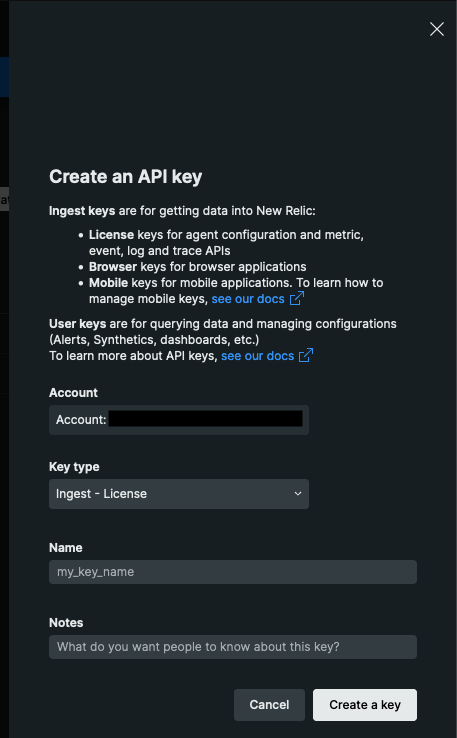 Create an API key screen in New Relic