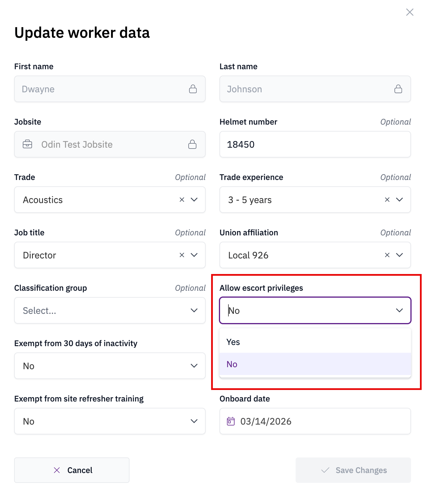 Enabling escort privileges from the jobsite menu