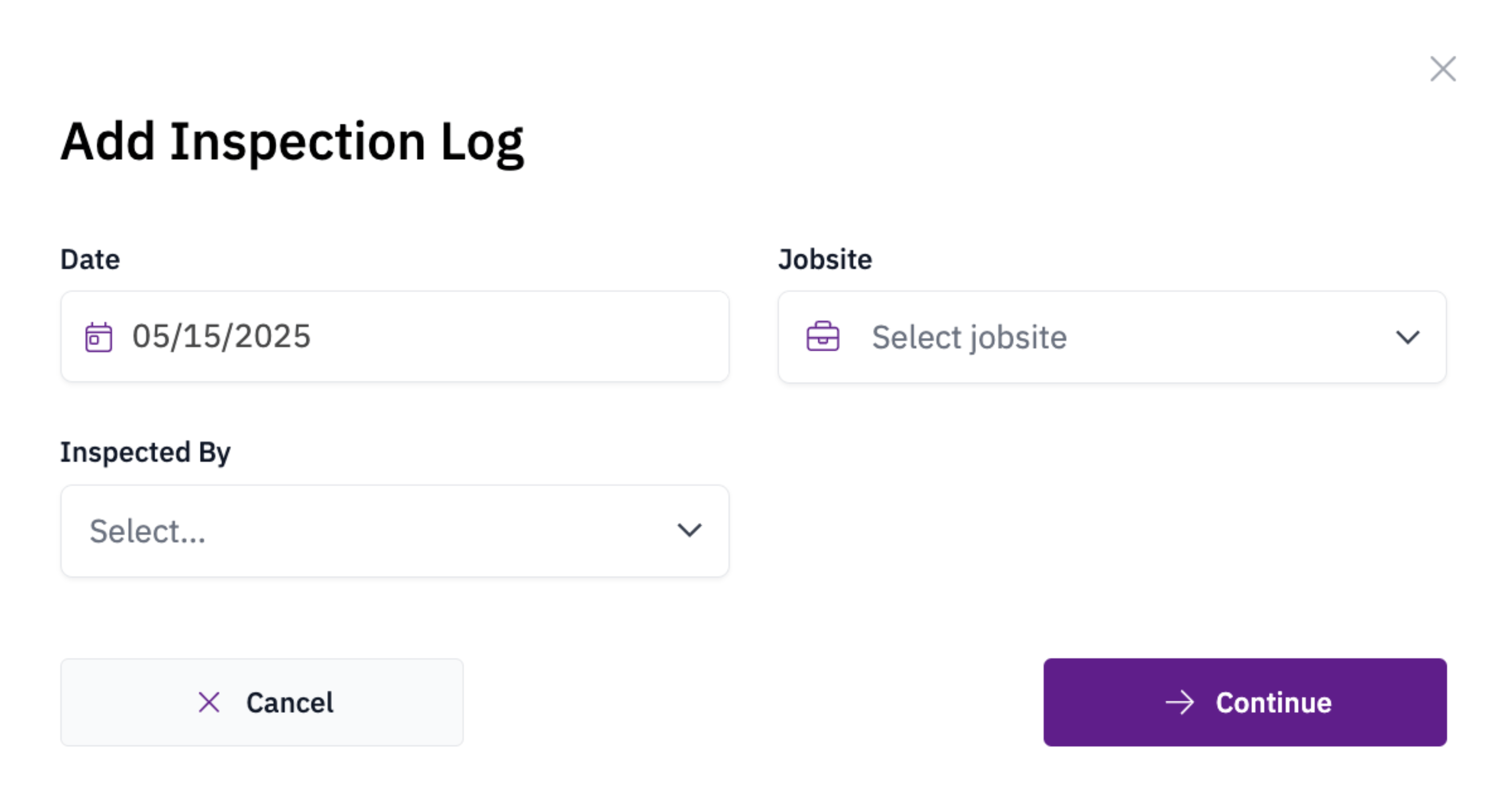 Inspection log form fields