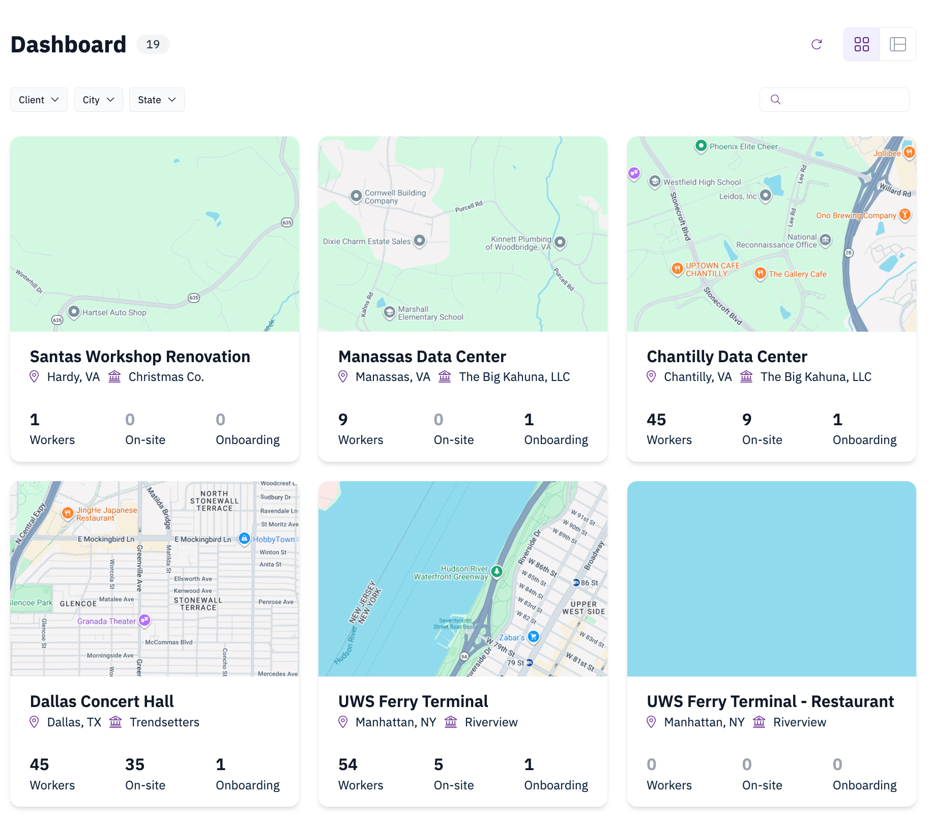 Home dashboard showing each jobsite with its site photo and workforce metrics