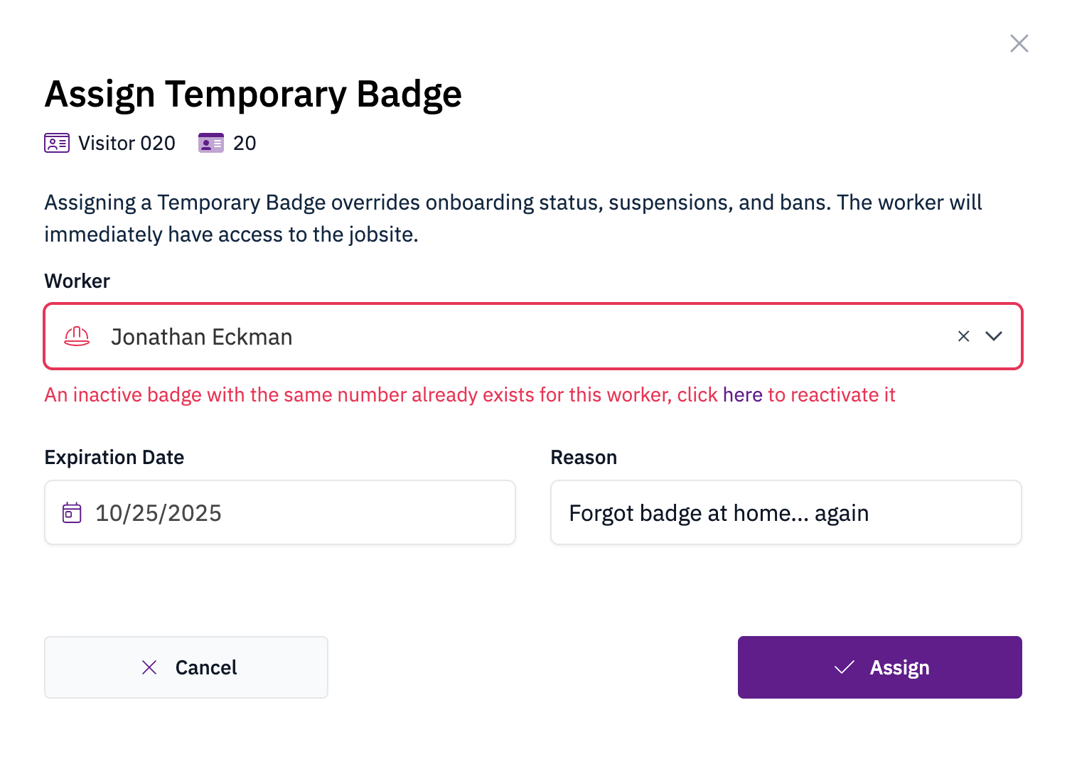Reassign a temporary badge