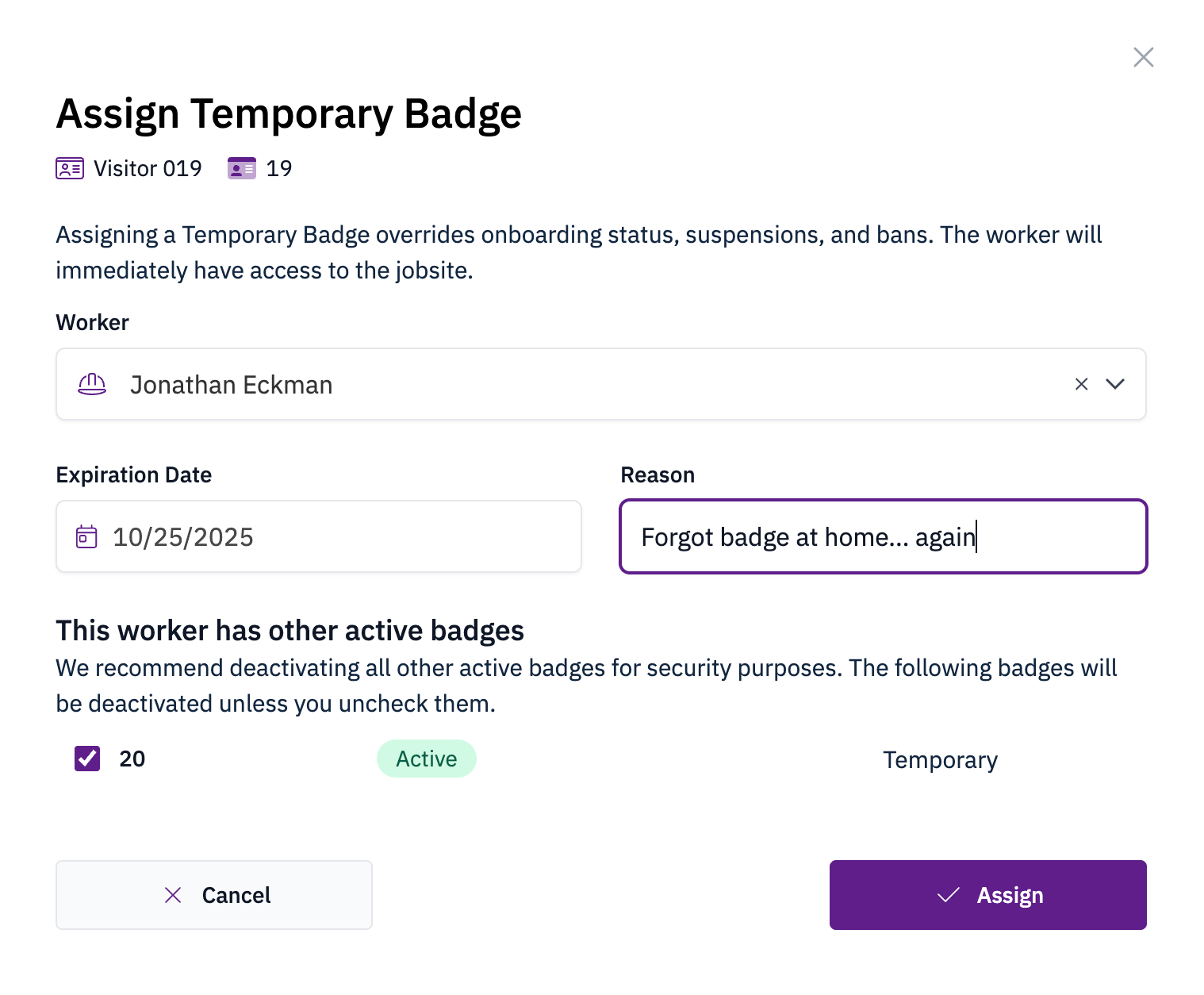 Existing badge warning