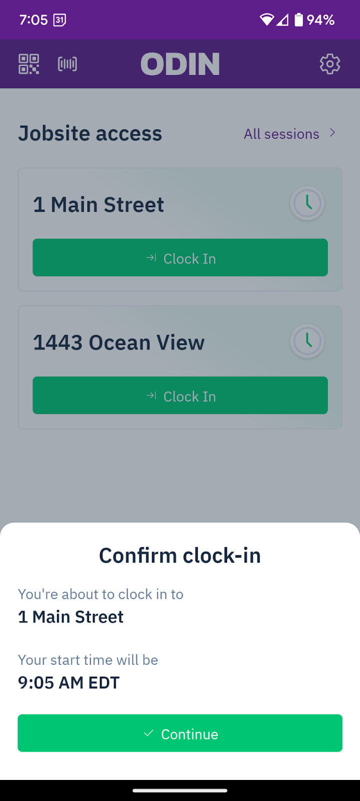 Jobsite list in the Odin mobile app
