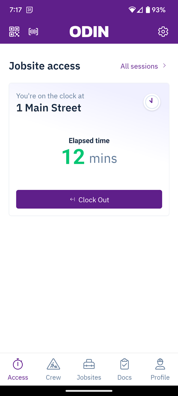 Clock In button on the jobsite screen