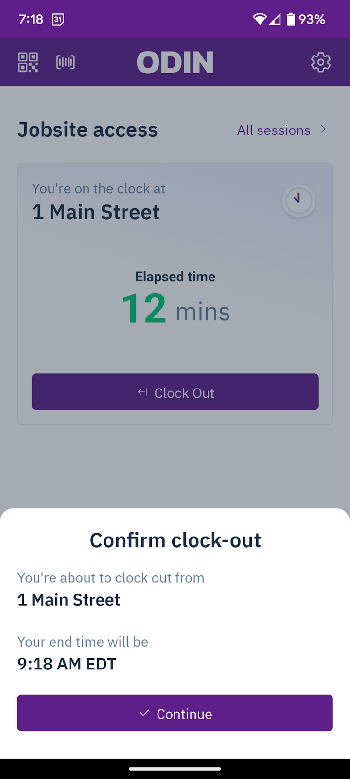 Confirmation screen showing clocked-in time