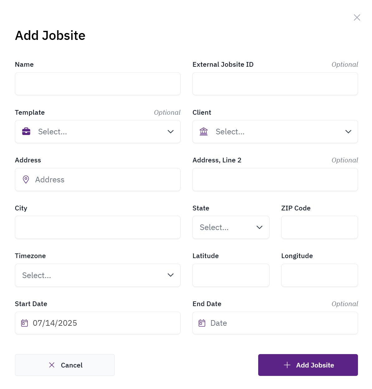 New jobsite creation form