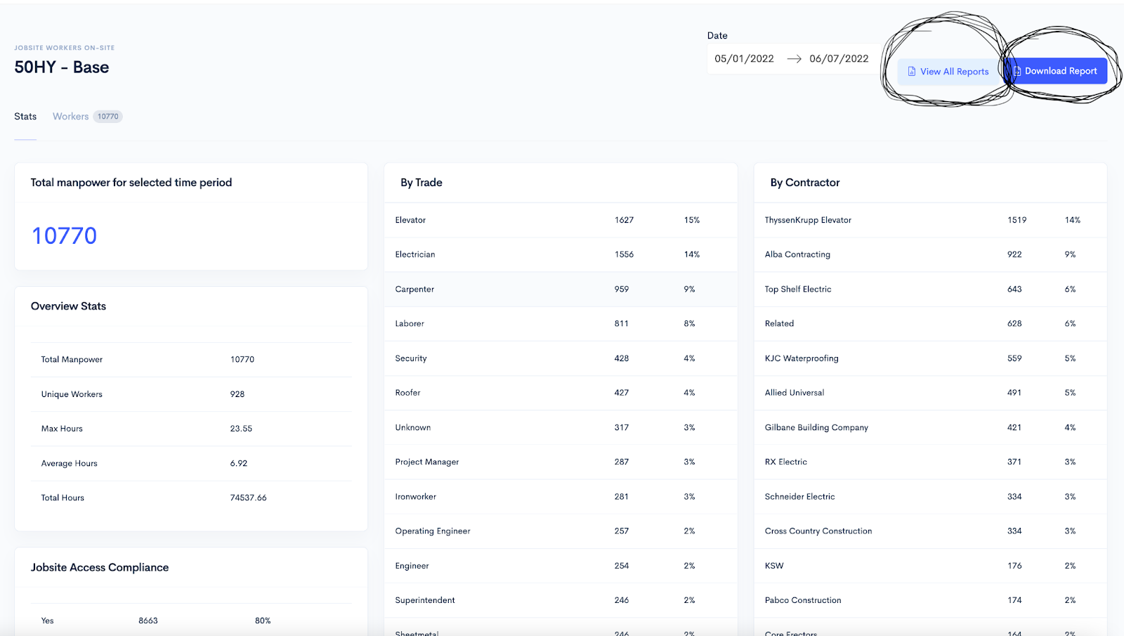Download Report button on jobsite home screen