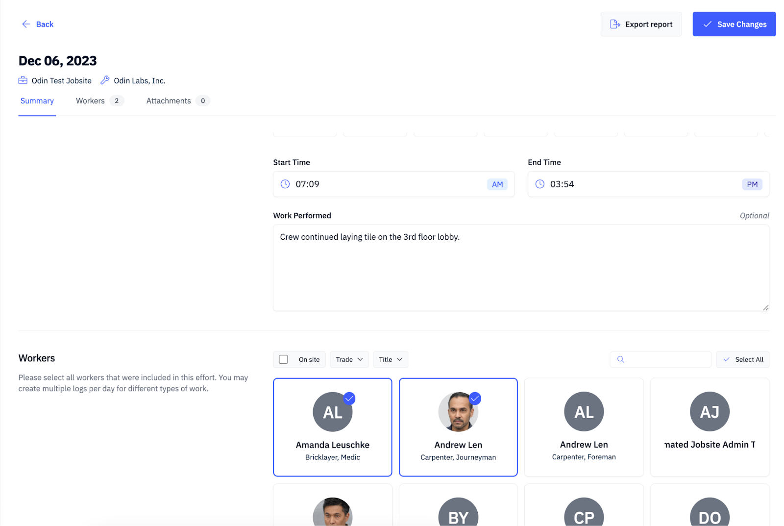 Select Jobsite and Contractor
