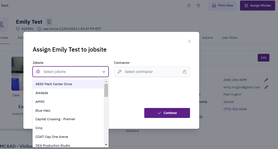 Completing the jobsite and contractor assignment details