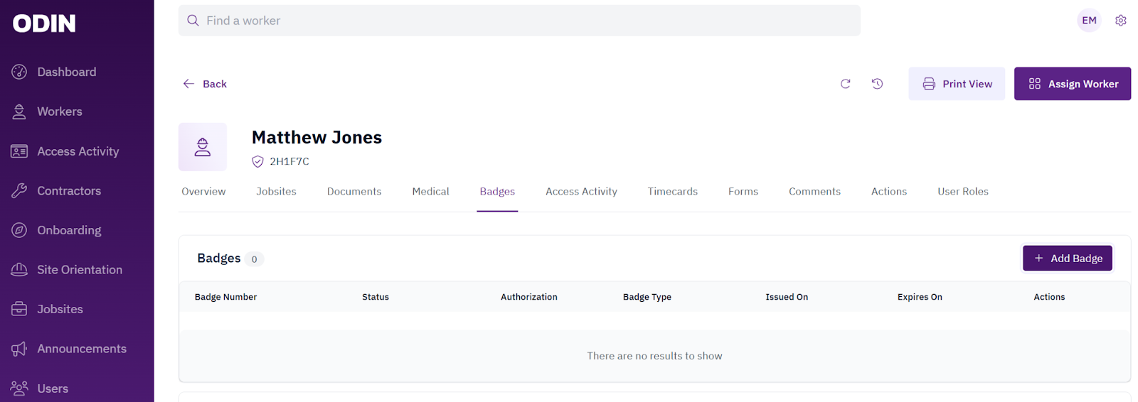 Selecting the Badges tab on the worker profile