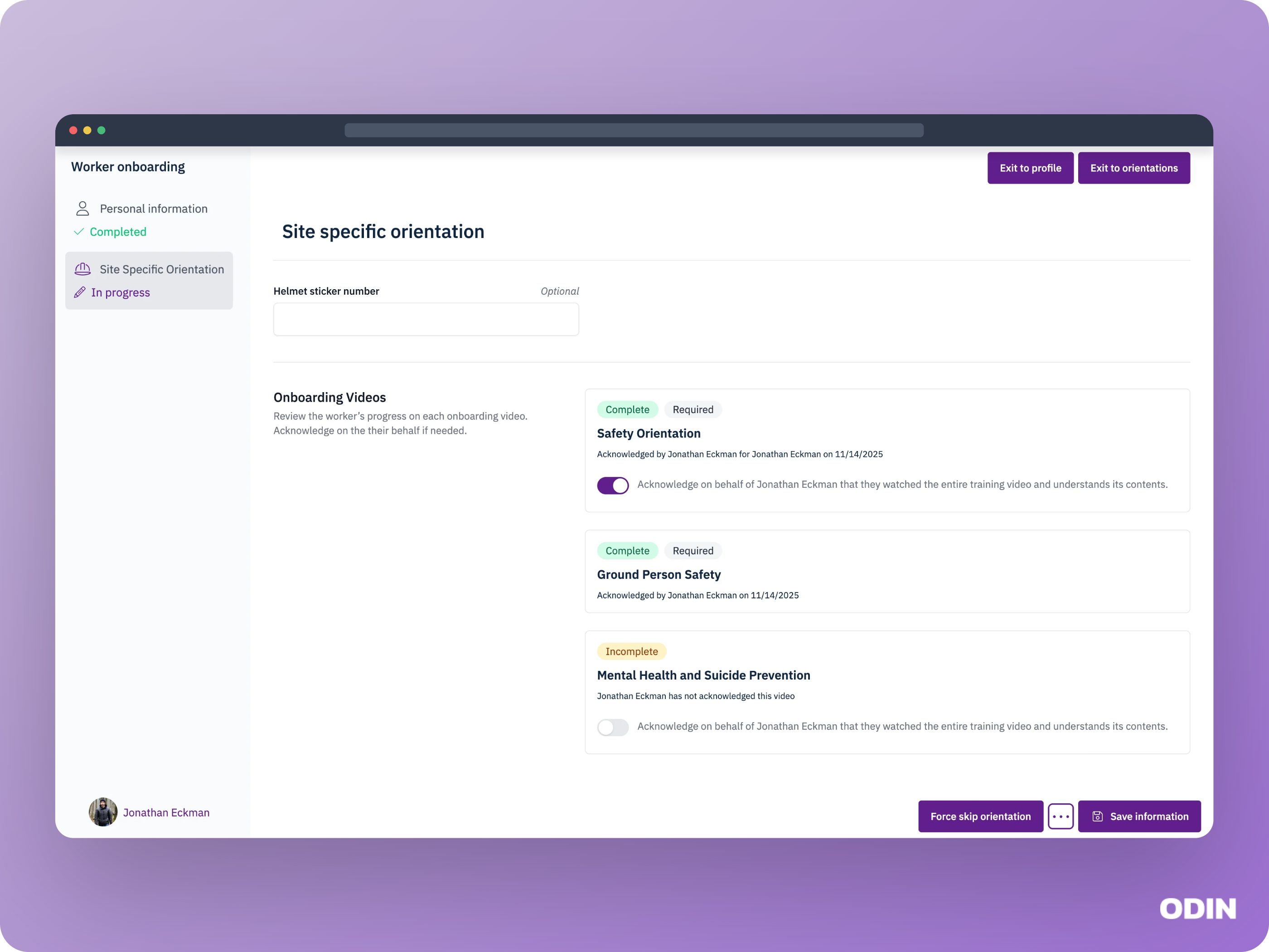 Review onboarding video acknowledgements