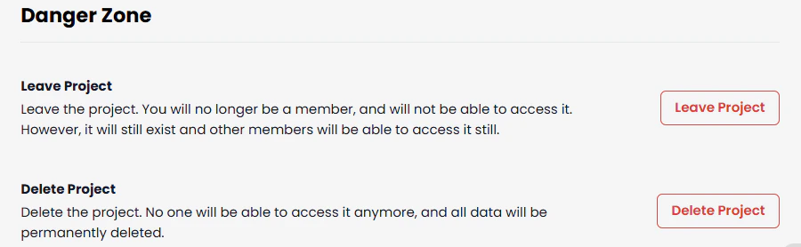 Project Settings Danger Zone section screenshot