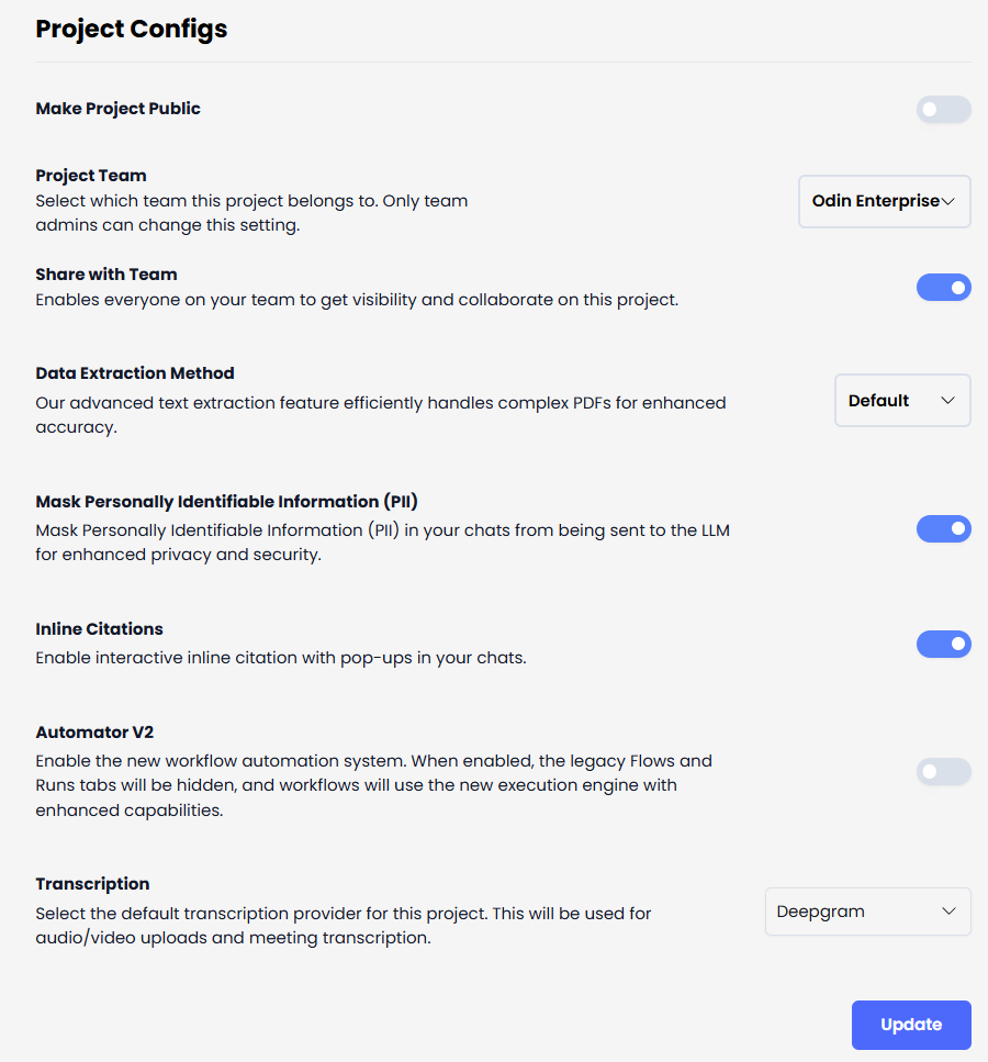 Project Settings - Odin AI Docs