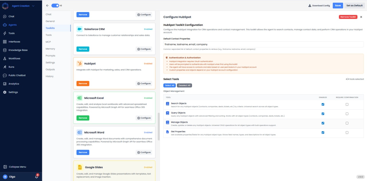 HubSpot configuration with default contact properties and tool selection