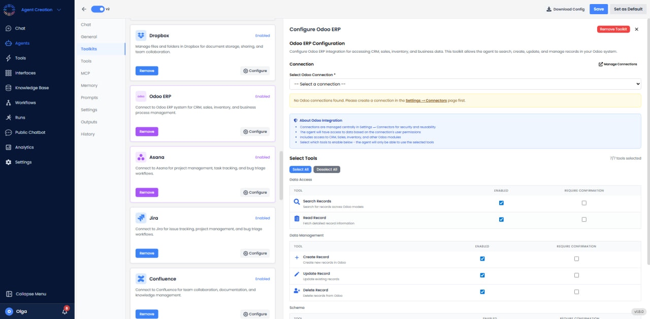 Odoo ERP configuration with connection settings and Data Access/Management tools