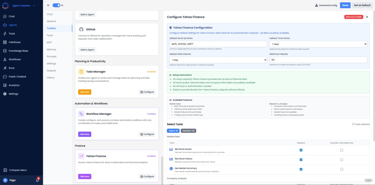 Yahoo Finance configuration with default settings and tool selection