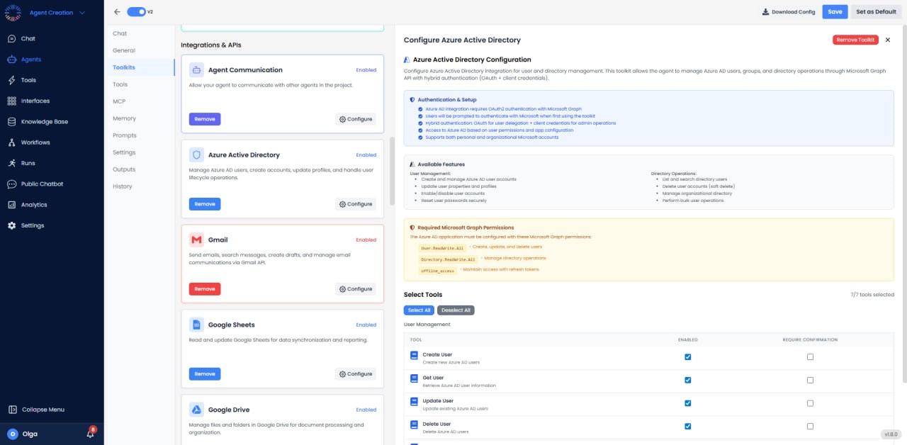 Azure Active Directory configuration with authentication and User Management tools