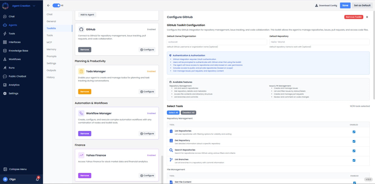 GitHub configuration with default owner/repository and authentication