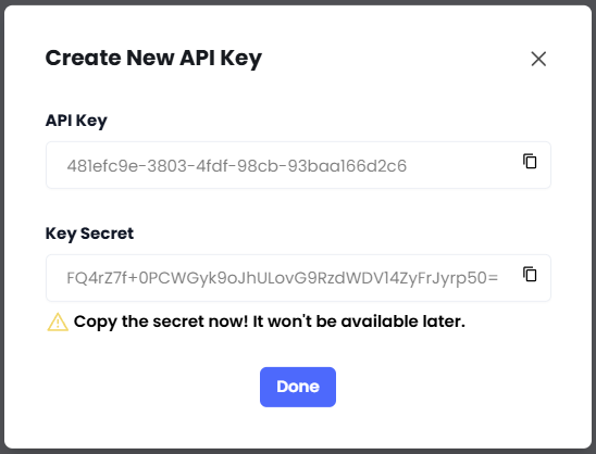 Screenshot of the Create New API Key popup.