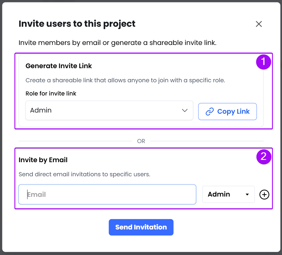 Screenshot of the Invite Users to This Project popup.