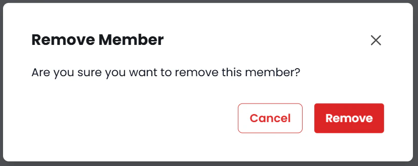 Screenshot of the Remove Member confirmation popup.
