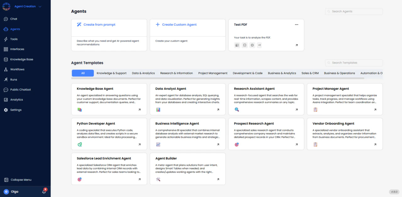 Agent Builder Dashboard showing creation options and templates