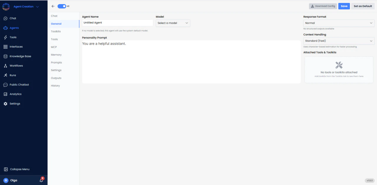 General Settings panel for agent configuration
