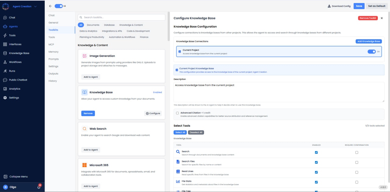 Knowledge Base Configuration panel showing connections and tool selection
