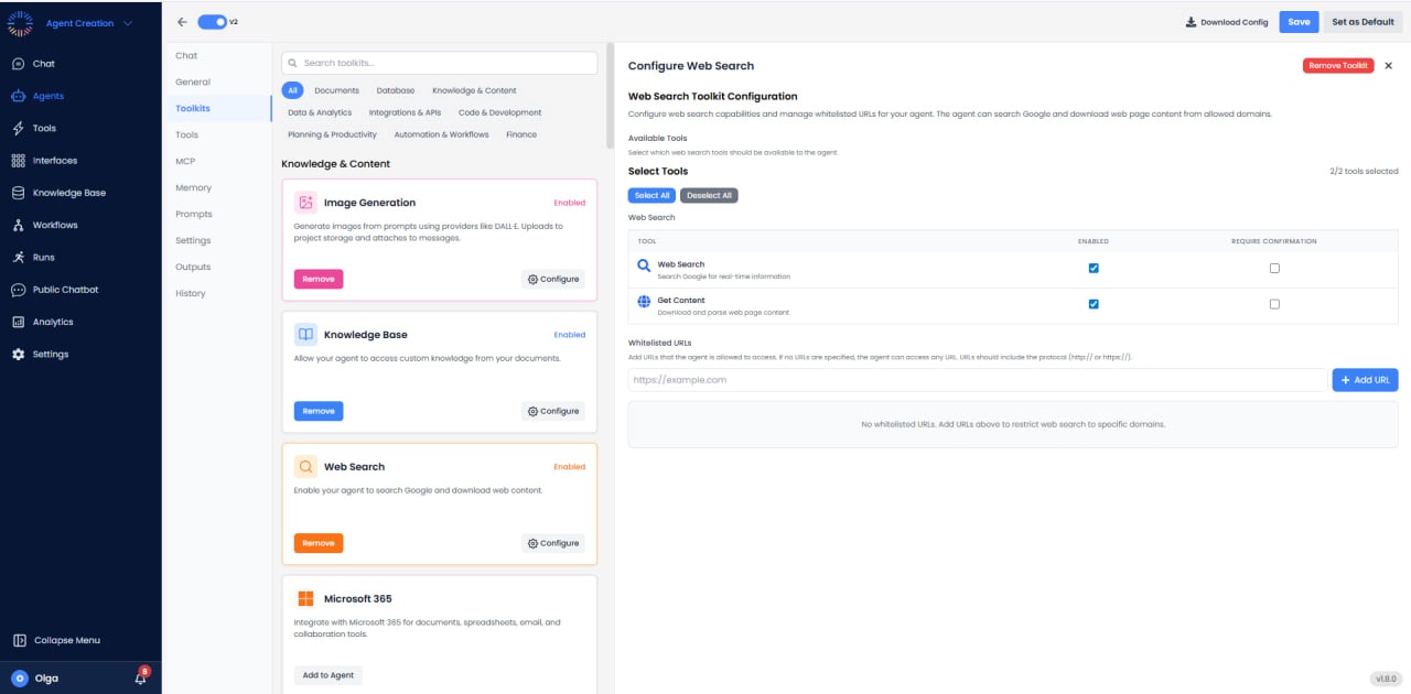 Web Search Configuration panel with tool selection and whitelisted URLs