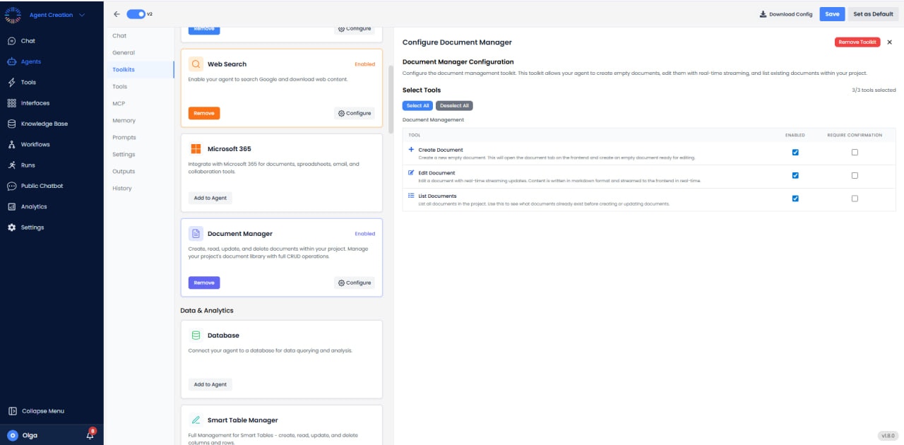Document Manager Configuration panel showing Create, Edit, and List Documents tools