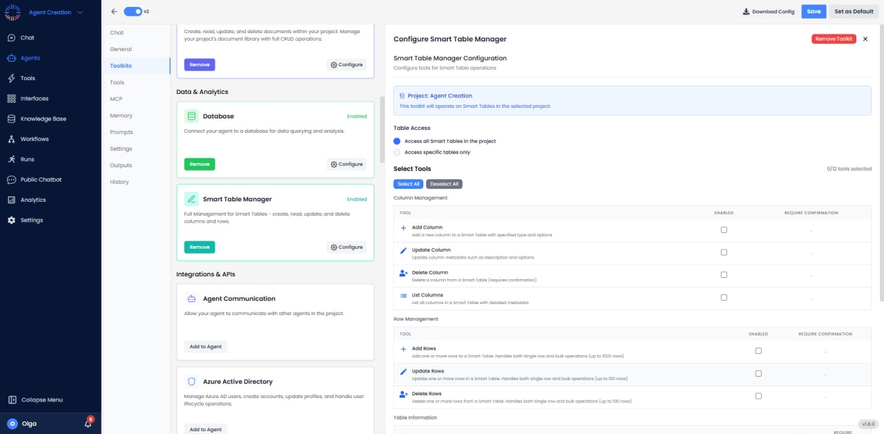 Smart Table Manager configuration with table access and column/row management tools