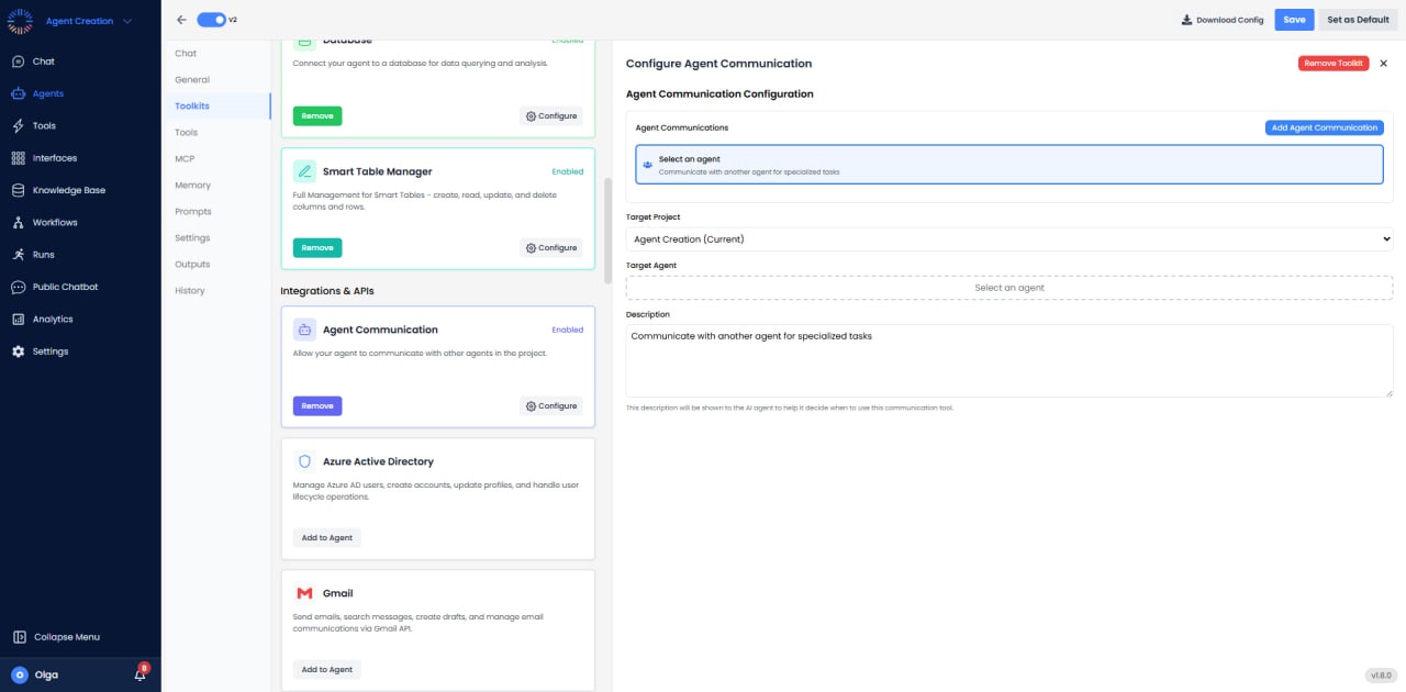 Agent Communication configuration with target agent selection