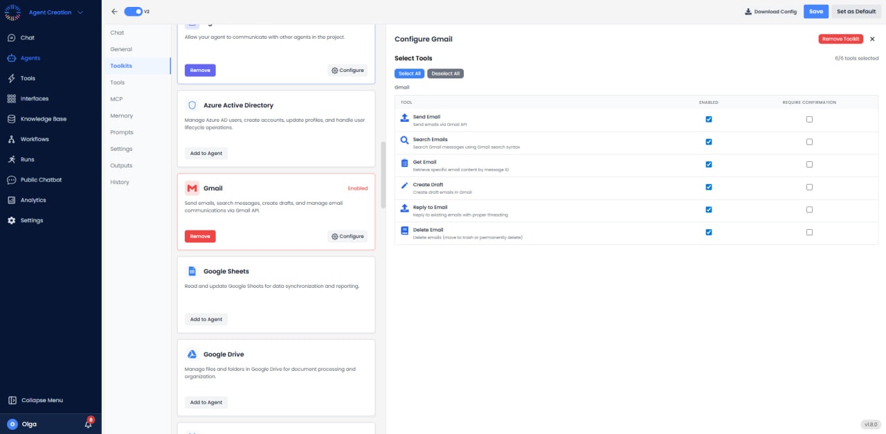Gmail toolkit configuration with tool selection