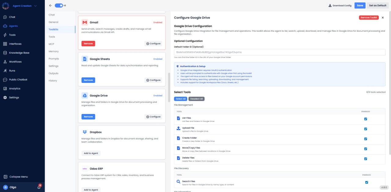 Google Drive configuration with optional folder ID and file management tools